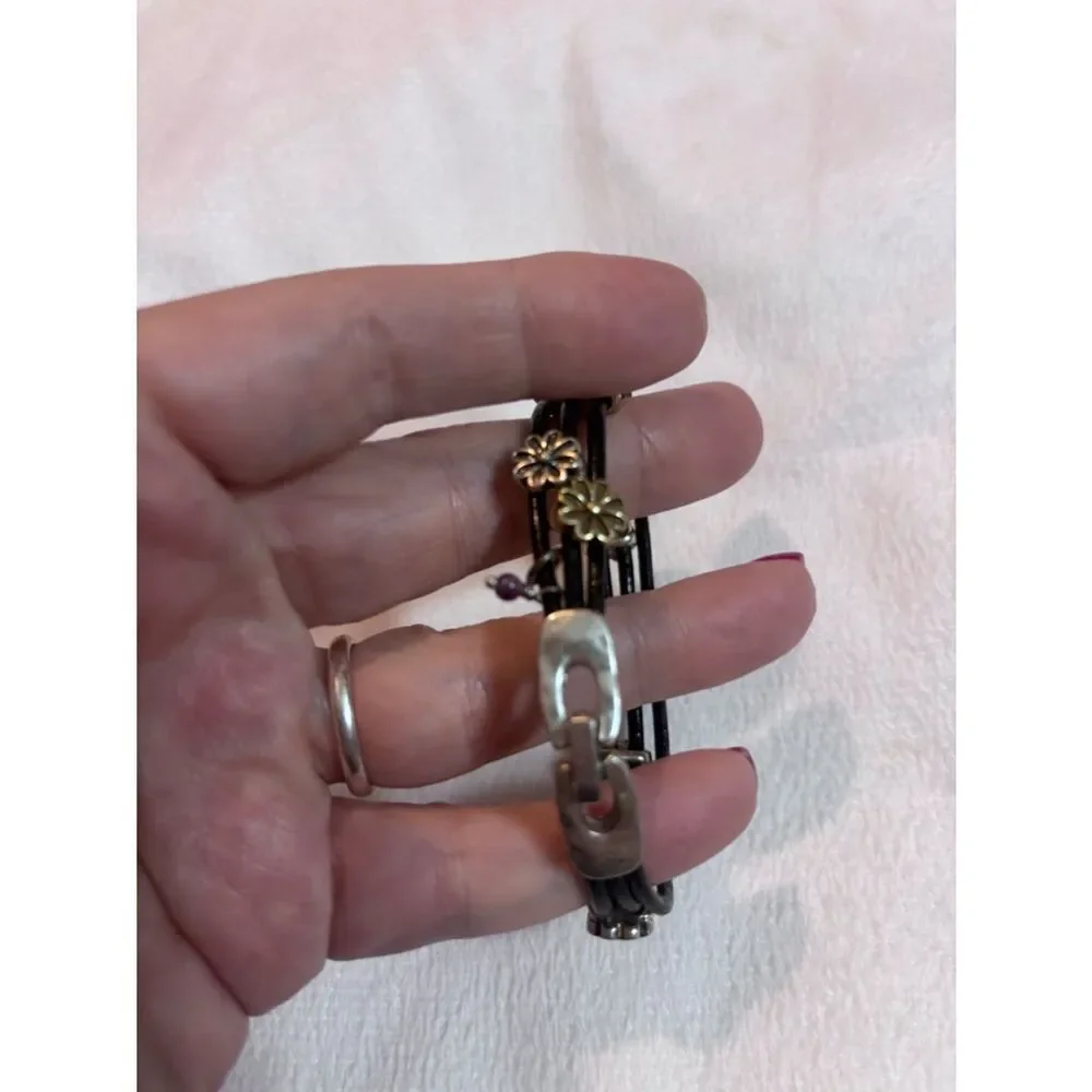 Anthropologie Brown Leather Multi-Row Bracelet with Gold & Silver Daisy Accents
